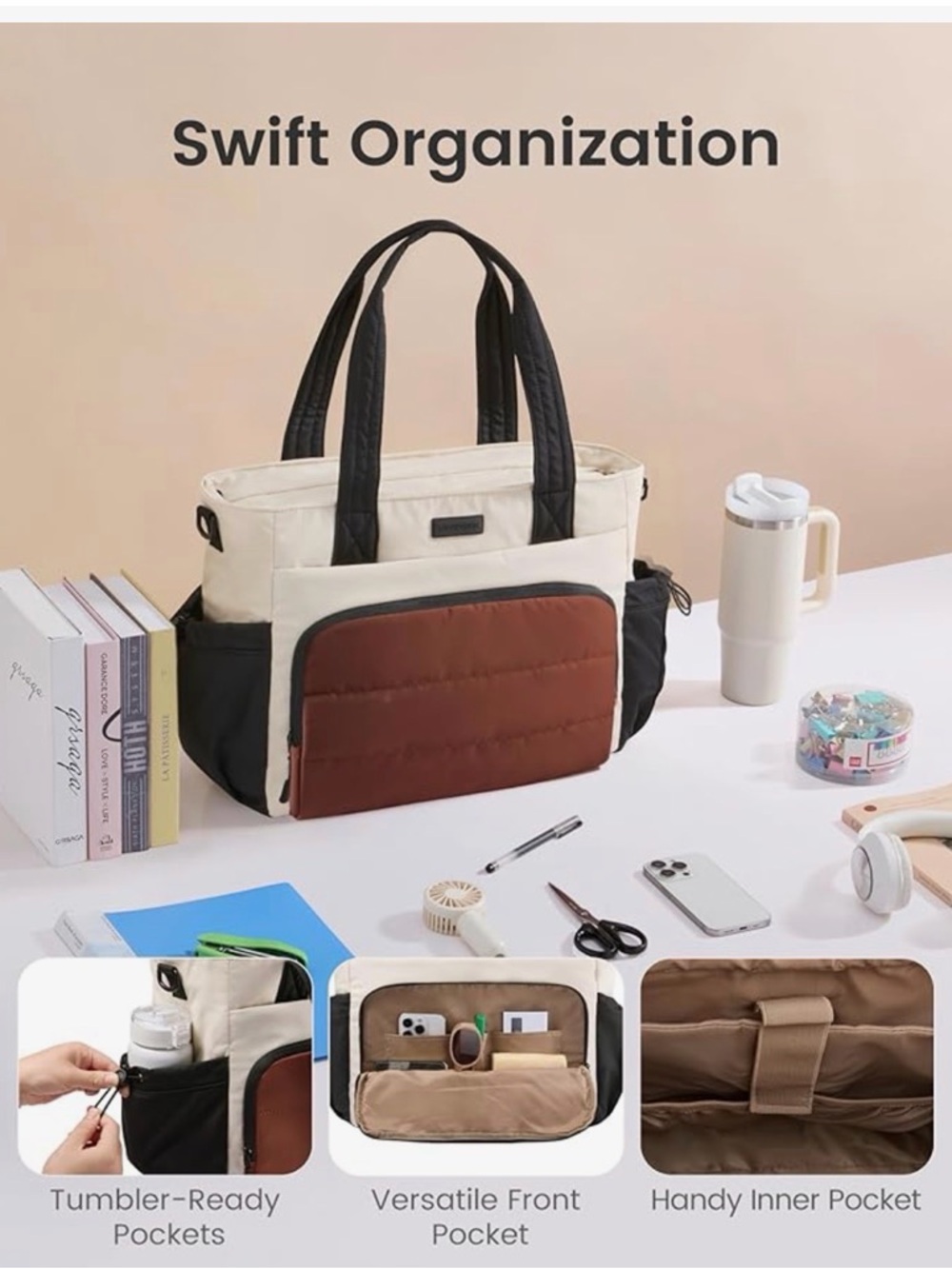 Versatile Olive & Cream Everyday Tote with Removable Pouch - Picture 4 of 7